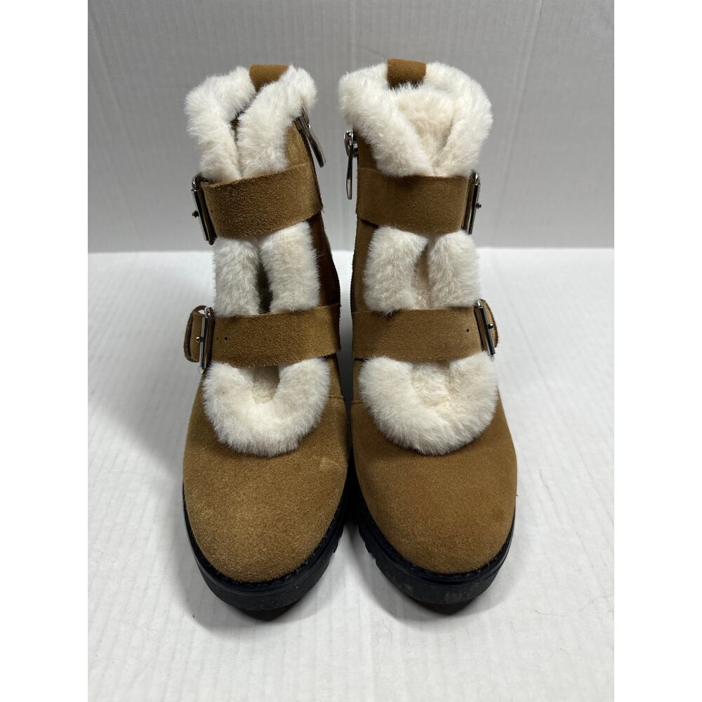 Saks‎ Fifth Avenue Hailey Suede Buckle Straps Faux Fur Boots Green Womens Size 5